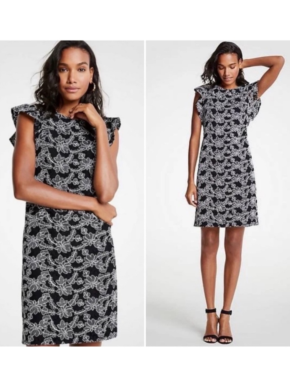 Ann Taylor Shift Dress Sz 2 Black White Floral Embroidered Lace Sleeveless Event